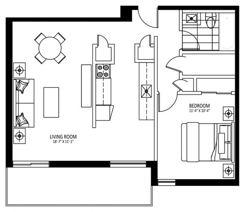Floor plan for 1 bed, 1 bath, 653 sqft